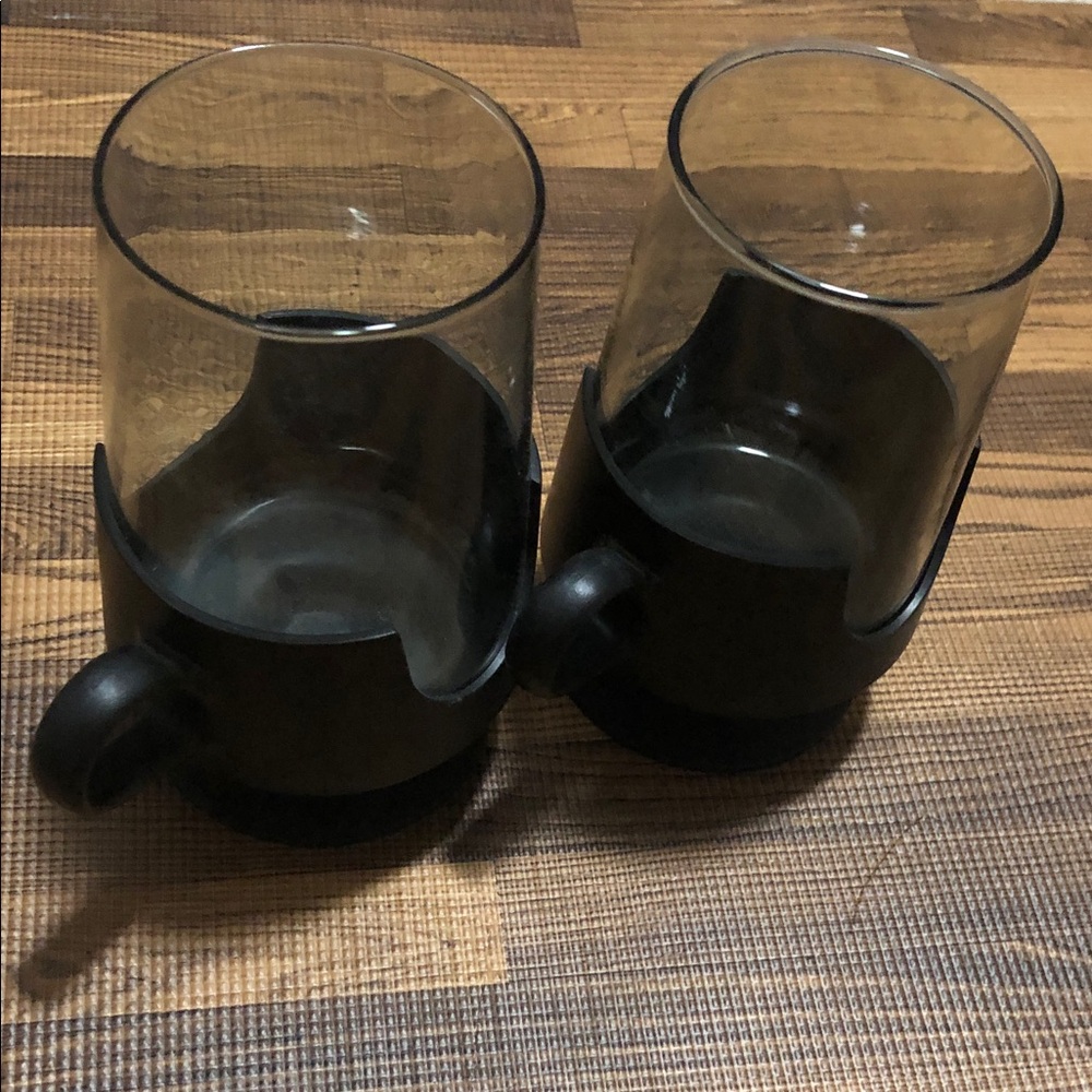 Corningware Black Glass Coffee Mugs with Holders. vintage